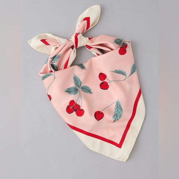 American Eagle Outfitters Accessories - AE Ivory Pink Red Green Cherry Print Satin Square Bandana Scarf